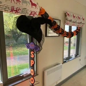 Mess room with decorations by the windows